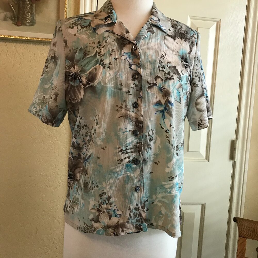Allison Daley Petite Brown & Turquoise Floral Campshirt